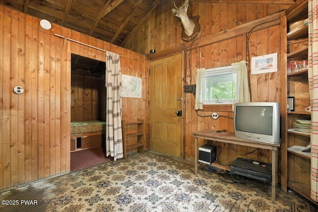 193 Old Rte 402, Dingmans Ferry, PA 18328 - home office with wooden walls, lofted ceiling, wooden ceiling, and carpet