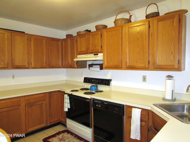 kitchen with light tile patterned flooring, black dishwasher, white electric stove, and sink