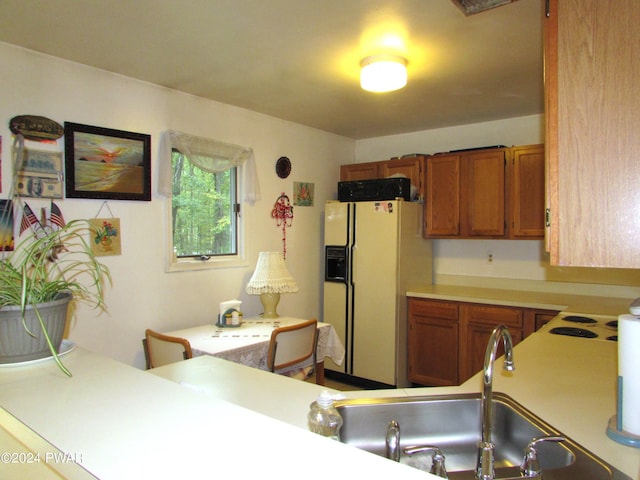 kitchen featuring cooktop, white fridge with ice dispenser, and sink