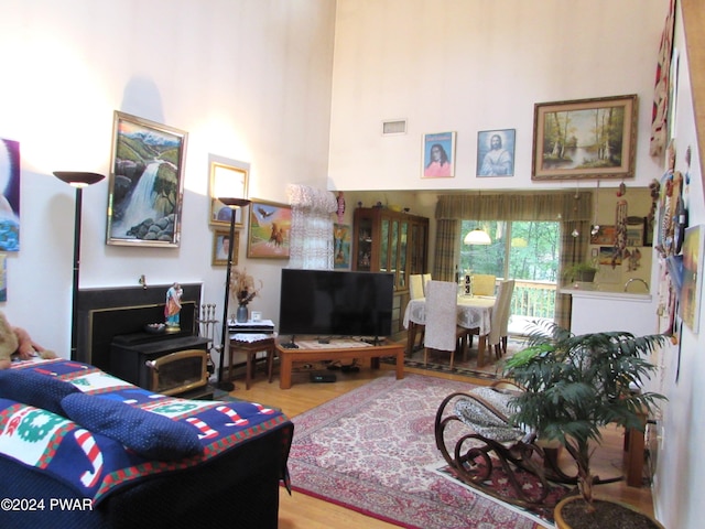 living room with a high ceiling and hardwood / wood-style flooring