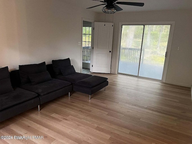 living room with light hardwood / wood-style floors and ceiling fan