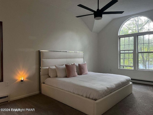 bedroom featuring carpet, vaulted ceiling, ceiling fan, and a baseboard heating unit