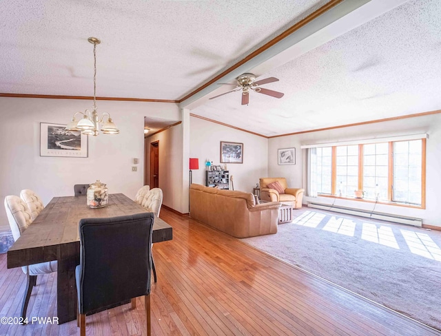 dining area with hardwood / wood-style floors, a baseboard heating unit, ceiling fan with notable chandelier, vaulted ceiling with beams, and a textured ceiling