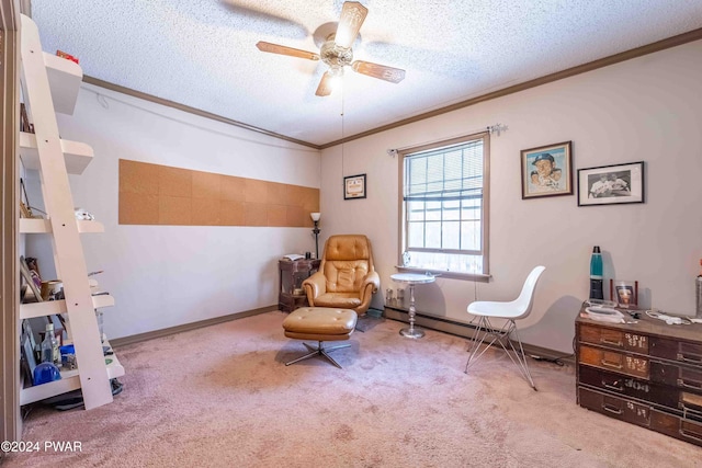 living area featuring crown molding, light colored carpet, and a textured ceiling