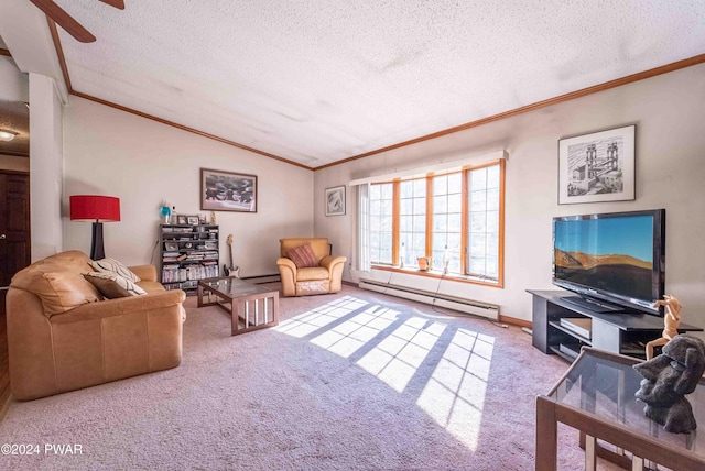 carpeted living room featuring vaulted ceiling, a baseboard radiator, a textured ceiling, and ornamental molding