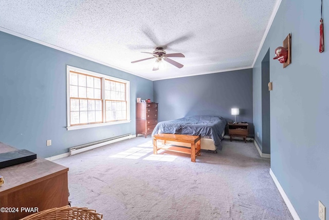 bedroom with ceiling fan, a baseboard radiator, and ornamental molding