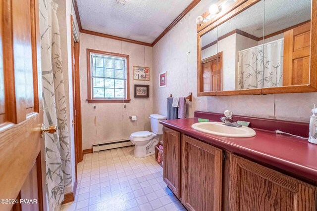 bathroom featuring vanity, toilet, ornamental molding, a textured ceiling, and a baseboard radiator