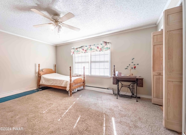 bedroom featuring carpet, ornamental molding, a textured ceiling, baseboard heating, and ceiling fan