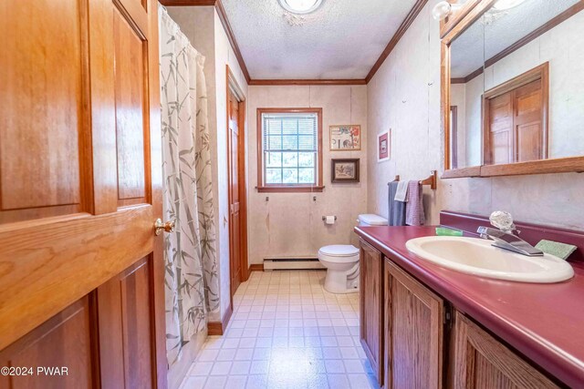 bathroom featuring a baseboard radiator, a textured ceiling, toilet, vanity, and ornamental molding