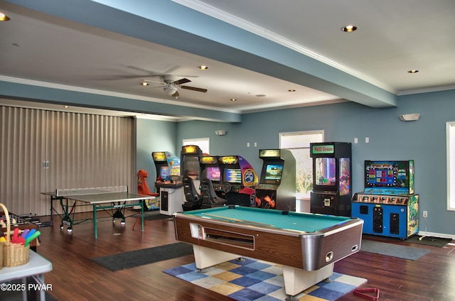 game room with ornamental molding, wood finished floors, recessed lighting, pool table, and ceiling fan