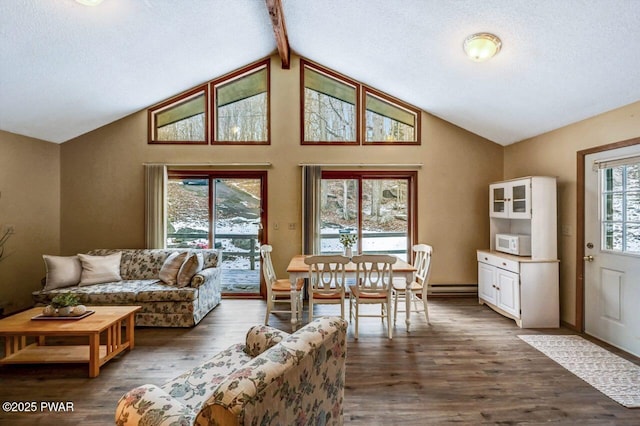 living room with a textured ceiling, lofted ceiling with beams, dark wood-style floors, and a baseboard radiator