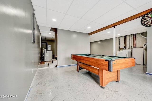 rec room with a drop ceiling, baseboards, independent washer and dryer, and pool table