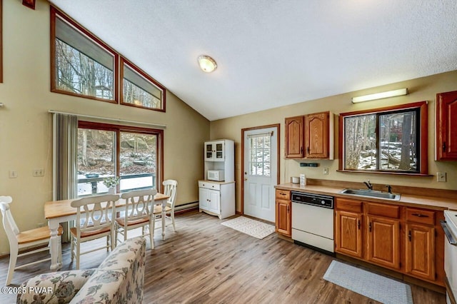 kitchen featuring light wood-type flooring, light countertops, lofted ceiling, white dishwasher, and a sink