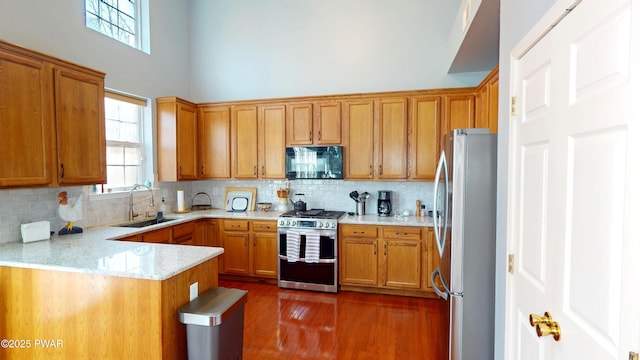 kitchen with stainless steel appliances, dark wood-style flooring, a sink, and a healthy amount of sunlight