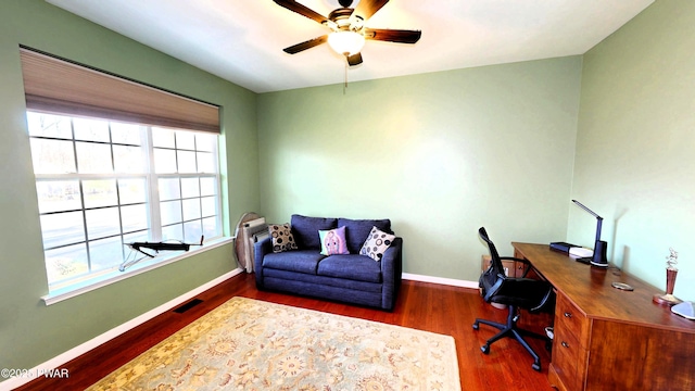 504 St Ives Ct, Bushkill, PA 18324 - office area featuring ceiling fan, plenty of natural light, wood finished floors, and baseboards