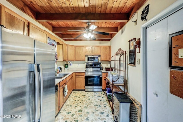 kitchen with wood ceiling, ceiling fan, stainless steel appliances, and beamed ceiling