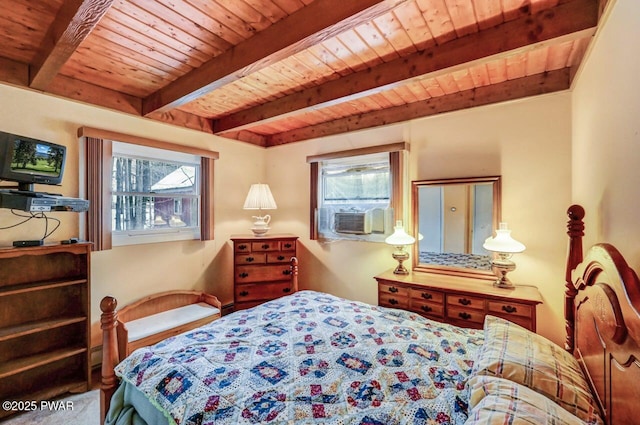 bedroom with cooling unit, wooden ceiling, and beamed ceiling