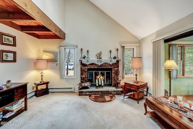 living area featuring high vaulted ceiling, carpet floors, a fireplace, and baseboard heating