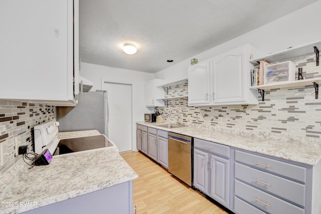 101 Bayberry Dr, Milford, PA 18337 - kitchen with appliances with stainless steel finishes, a sink, gray cabinets, decorative backsplash, and a textured ceiling