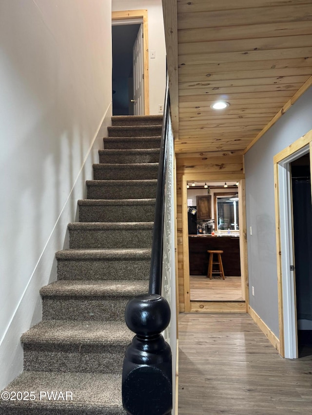 8 Kaiser Strasse, Beach Lake, PA 18405 - stairs with wood finished floors, recessed lighting, wood ceiling, and baseboards