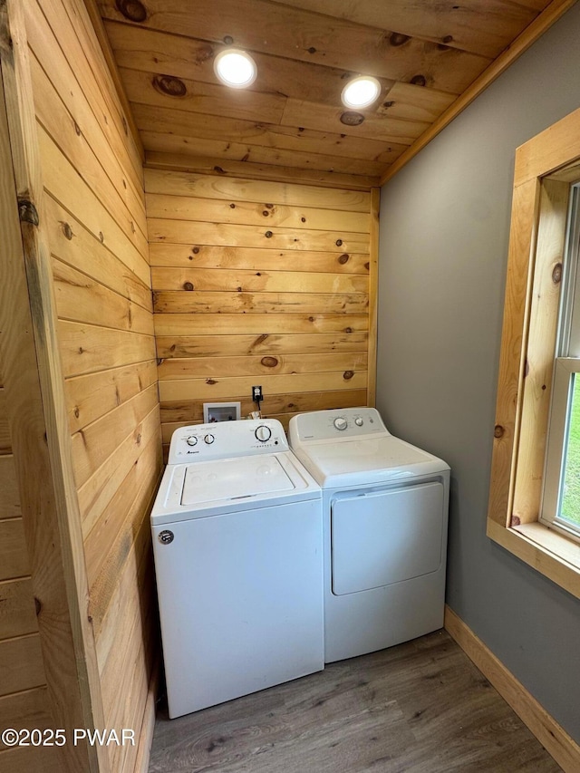 8 Kaiser Strasse, Beach Lake, PA 18405 - laundry area featuring separate washer and dryer, wood ceiling, wood finished floors, wooden walls, and baseboards