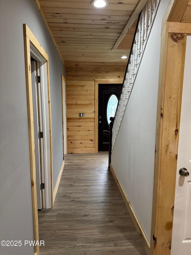8 Kaiser Strasse, Beach Lake, PA 18405 - hall with baseboards, wood finished floors, wood ceiling, recessed lighting, and wooden walls