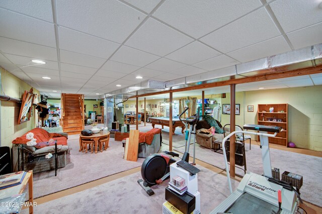 1419 Bear Dr, Bushkill, PA 18324 - exercise area with a paneled ceiling, carpet, and recessed lighting
