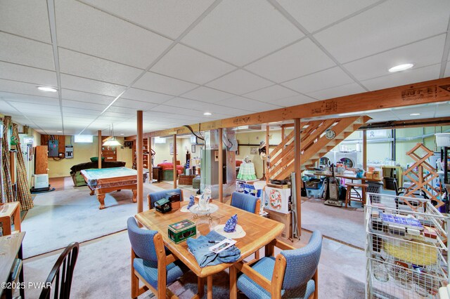 1419 Bear Dr, Bushkill, PA 18324 - dining area with billiards, a paneled ceiling, carpet, recessed lighting, and stairway