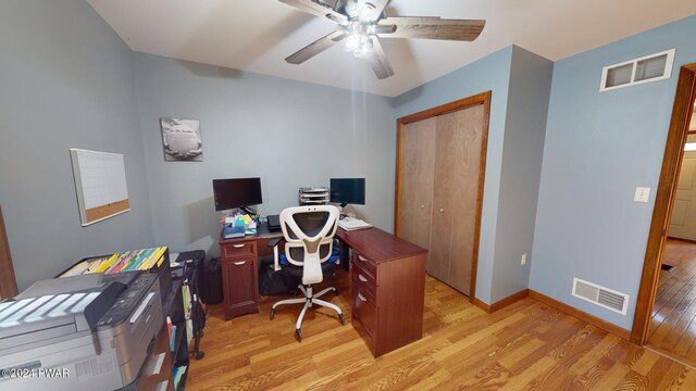 office featuring ceiling fan and light wood-type flooring