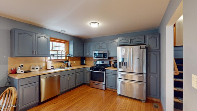 kitchen with decorative backsplash, appliances with stainless steel finishes, light wood-type flooring, and sink