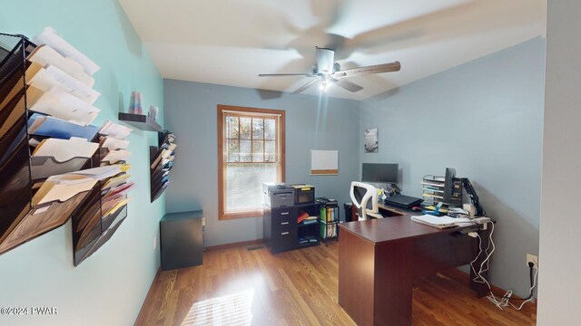 home office featuring light wood-type flooring and ceiling fan