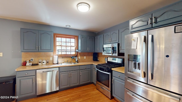 kitchen with gray cabinetry, sink, stainless steel appliances, and light hardwood / wood-style floors