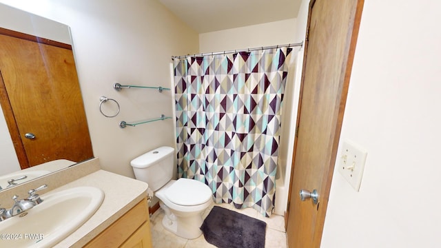 full bathroom with tile patterned flooring, vanity, toilet, and shower / tub combo with curtain