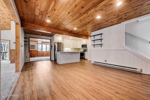 kitchen featuring wooden ceiling, stainless steel appliances, baseboard heating, a wainscoted wall, and light wood finished floors