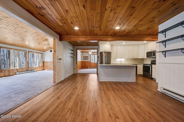 kitchen featuring wooden ceiling, wood finished floors, appliances with stainless steel finishes, baseboard heating, and open floor plan
