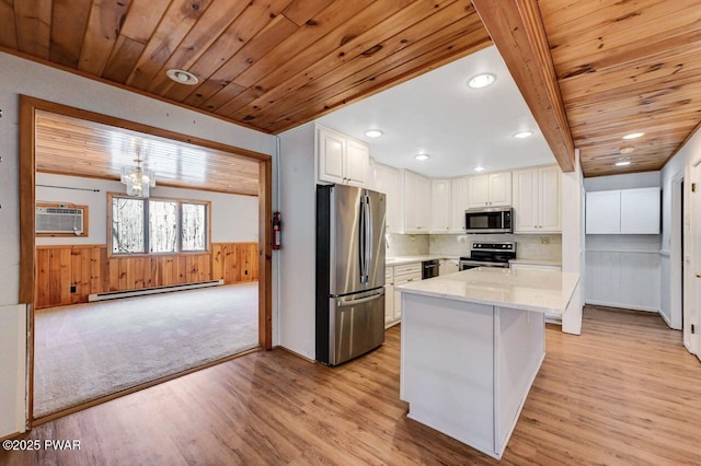 kitchen featuring appliances with stainless steel finishes, white cabinetry, a baseboard heating unit, and wood ceiling