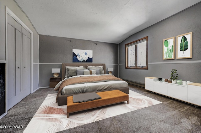 bedroom featuring lofted ceiling, a baseboard heating unit, and carpet floors