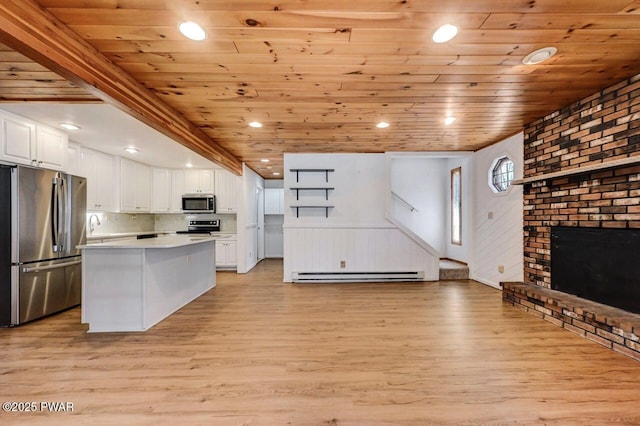 kitchen with wood ceiling, white cabinets, appliances with stainless steel finishes, light countertops, and baseboard heating