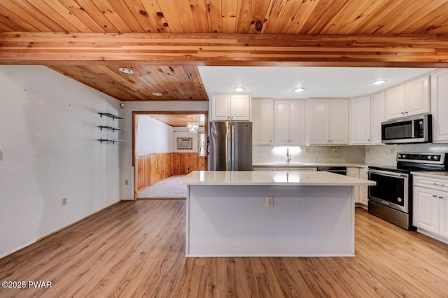 kitchen with a center island, stainless steel appliances, white cabinets, and wooden ceiling