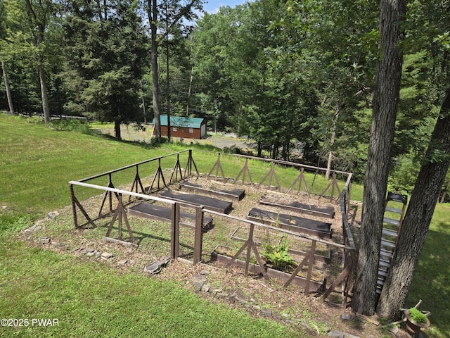 980 Long Ridge Rd, Hawley, PA 18428 - view of home's community with a vegetable garden, a lawn, and an outbuilding