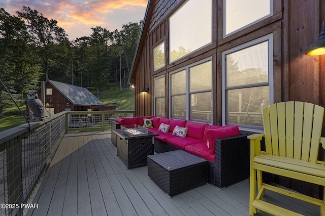 980 Long Ridge Rd, Hawley, PA 18428 - deck with an outdoor living space with a fire pit and a storage shed