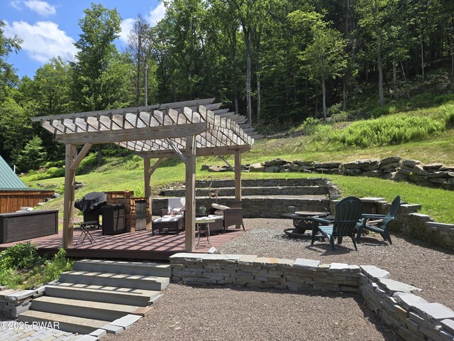 980 Long Ridge Rd, Hawley, PA 18428 - view of patio with an outdoor fire pit, a pergola, and a deck