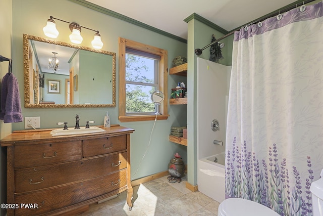980 Long Ridge Rd, Hawley, PA 18428 - full bathroom with vanity, shower / tub combo with curtain, tile patterned flooring, ornamental molding, and a chandelier