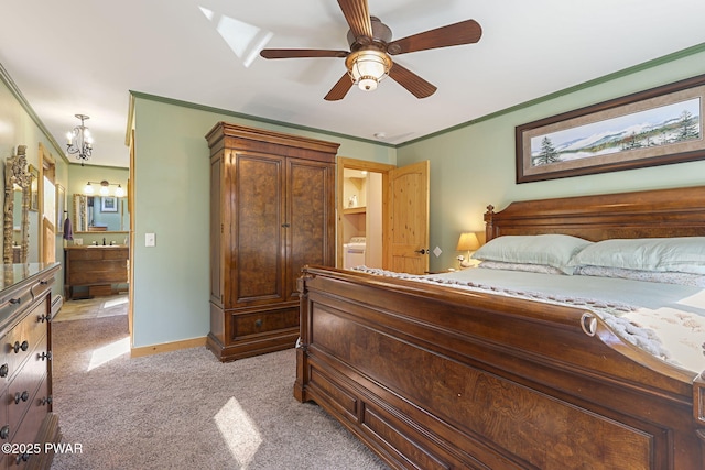980 Long Ridge Rd, Hawley, PA 18428 - bedroom featuring light carpet, a chandelier, crown molding, washer / dryer, and ceiling fan
