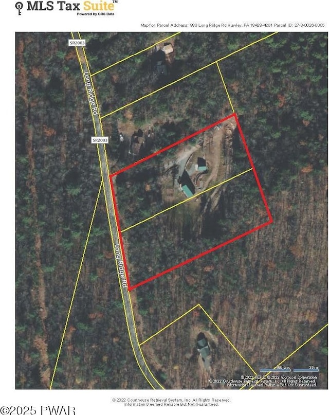 980 Long Ridge Rd, Hawley, PA 18428 - aerial view of property's location with property parcel outlined