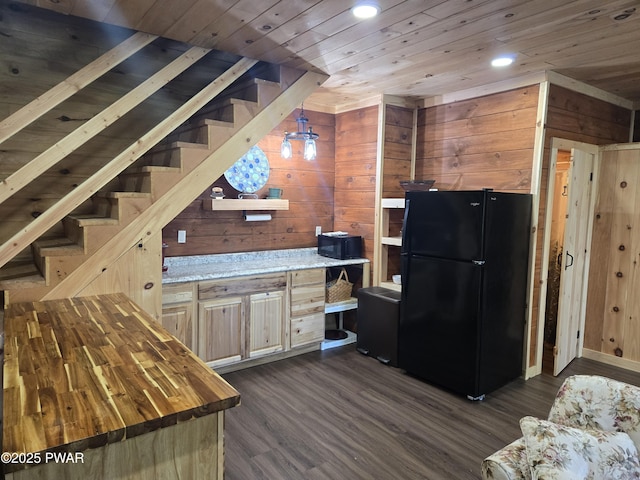 980 Long Ridge Rd, Hawley, PA 18428 - kitchen with freestanding refrigerator, wood walls, wood ceiling, butcher block countertops, and dark wood-type flooring