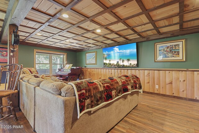 980 Long Ridge Rd, Hawley, PA 18428 - living area featuring wood ceiling, wood finished floors, a wainscoted wall, coffered ceiling, and wooden walls