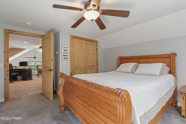 980 Long Ridge Rd, Hawley, PA 18428 - bedroom featuring light carpet, an office area, lofted ceiling, a closet, and a ceiling fan