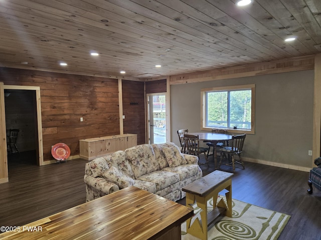 980 Long Ridge Rd, Hawley, PA 18428 - living area featuring recessed lighting, dark wood-type flooring, wooden ceiling, and wood walls