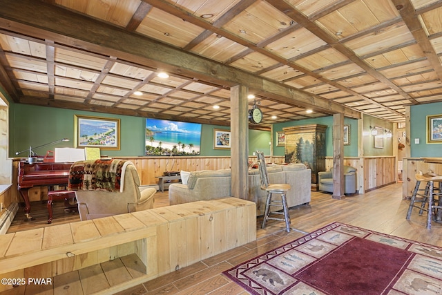 980 Long Ridge Rd, Hawley, PA 18428 - living room with wood-type flooring, a wainscoted wall, wood walls, and coffered ceiling